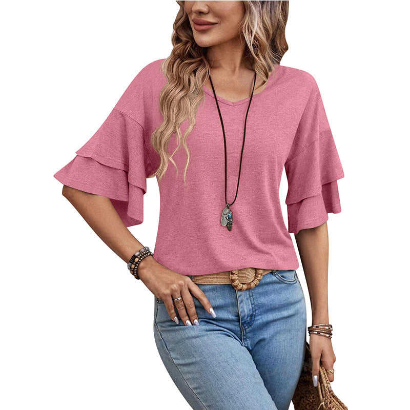 Top Femme Chic – Col V & Manches Volants Mi-longues