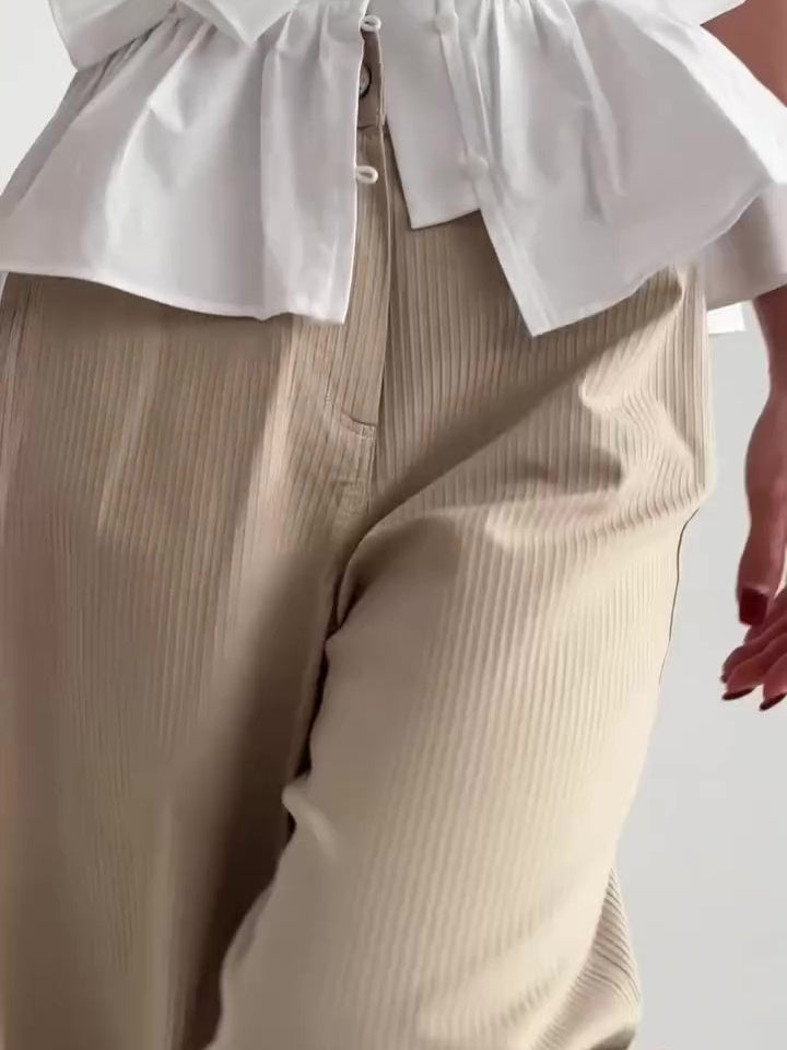 Pantalon Kaki Taille Haute à Jambes Larges