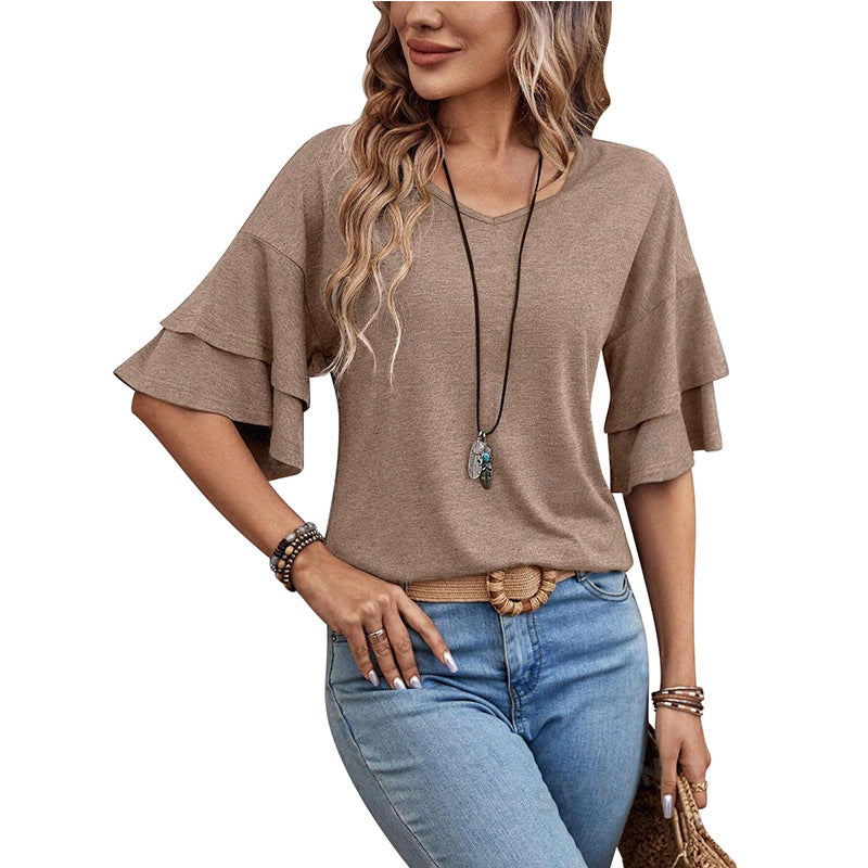 Top Femme Chic – Col V & Manches Volants Mi-longues