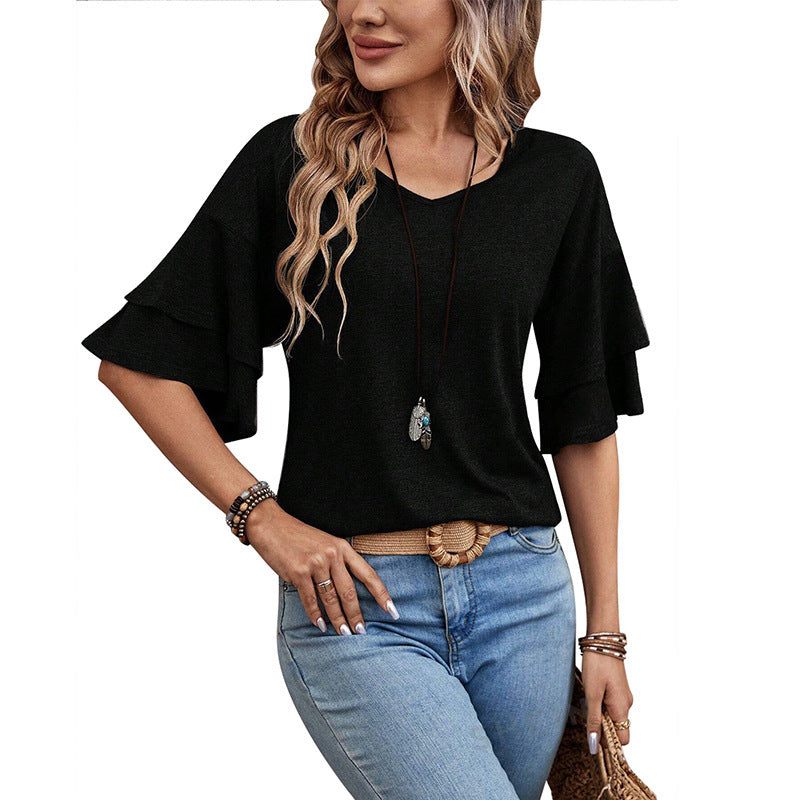 Top Femme Chic – Col V & Manches Volants Mi-longues