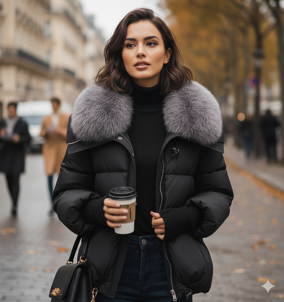 Doudoune en coton Courte Rembourrée – Col Fourrure Hiver