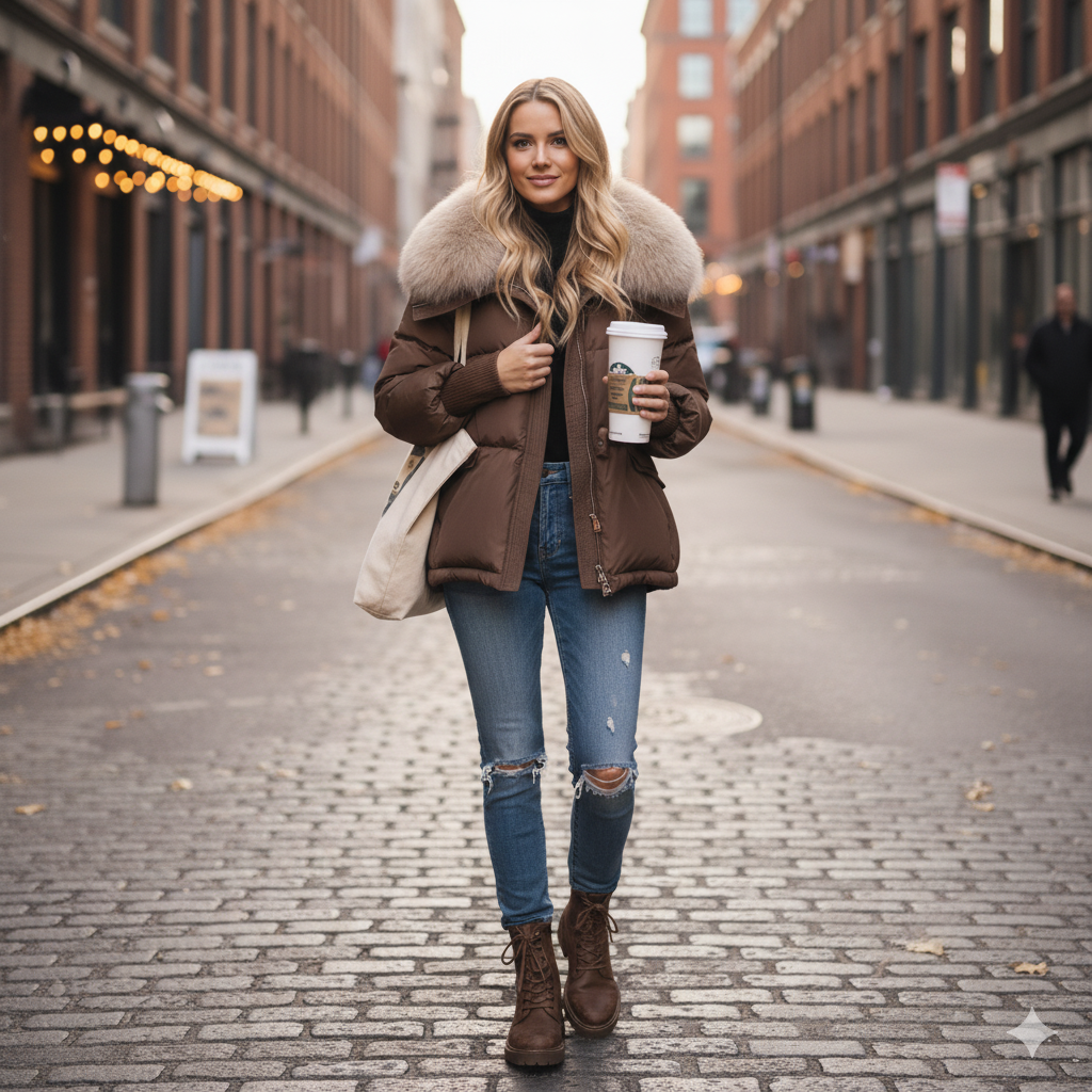 Doudoune en coton Courte Rembourrée – Col Fourrure Hiver