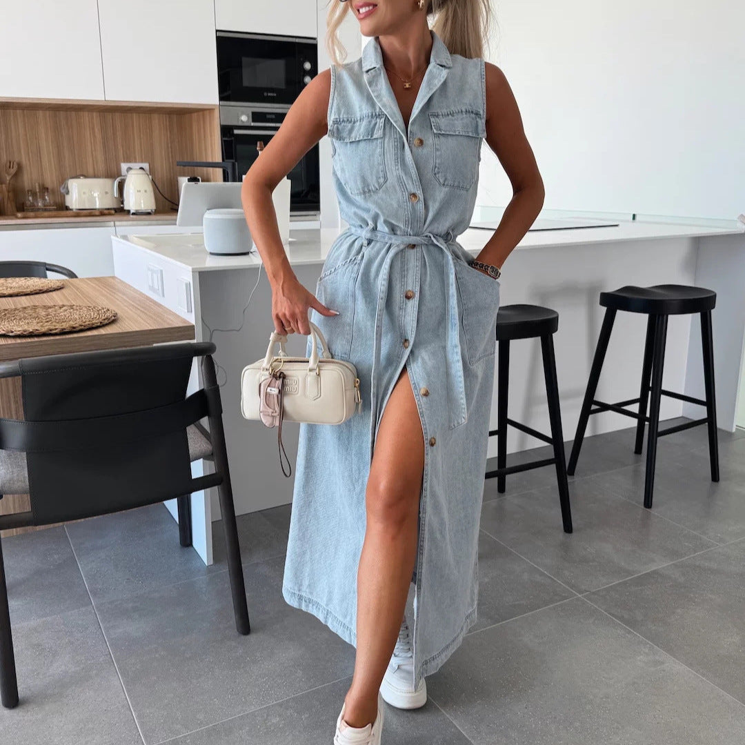 Robe Longue en Jean Ceinturée