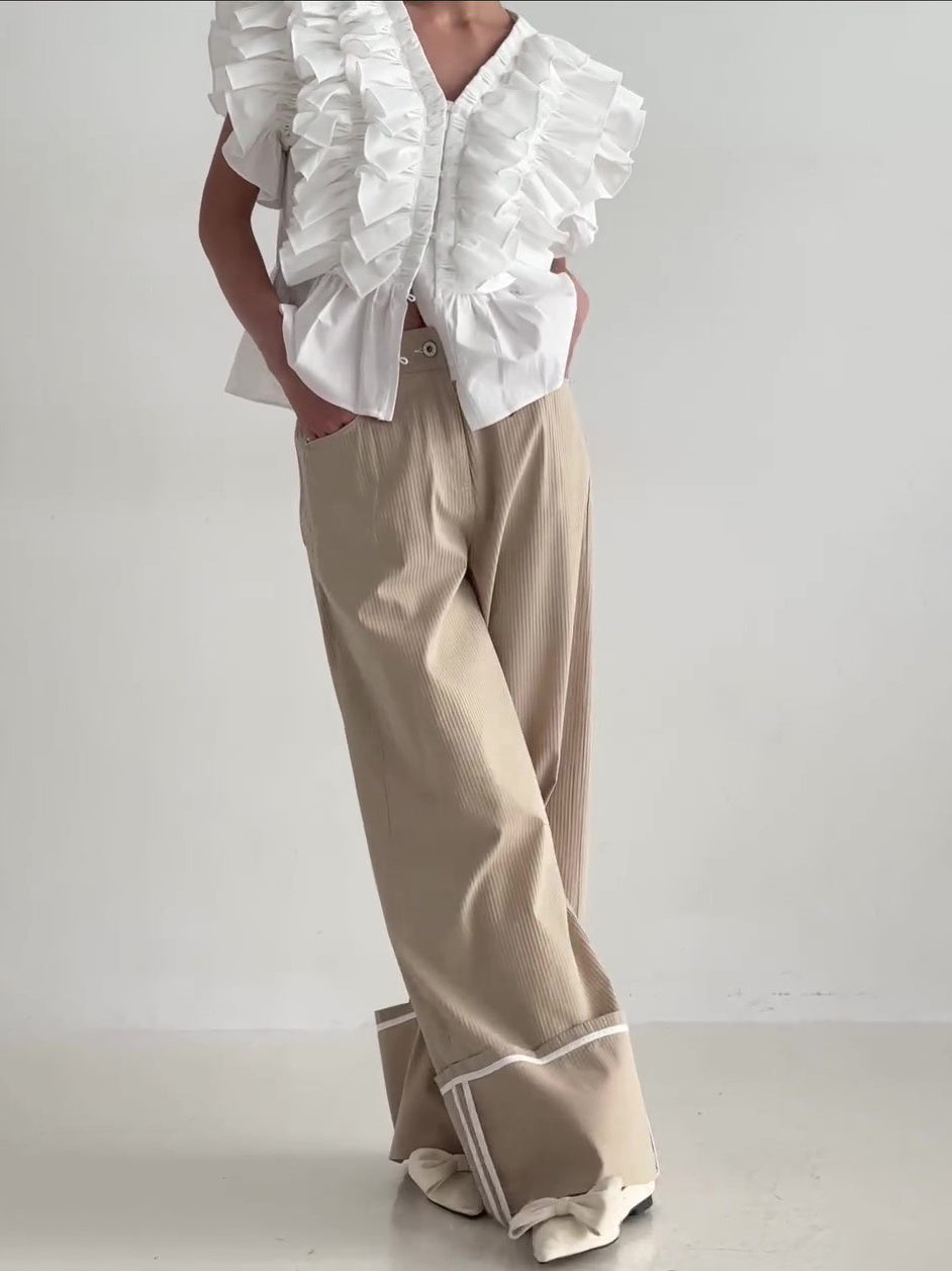 Pantalon Kaki Taille Haute à Jambes Larges