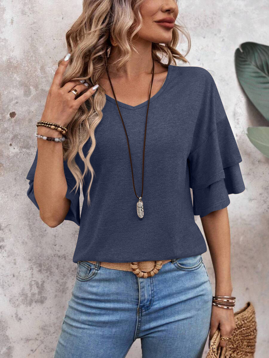 Top Femme Chic – Col V & Manches Volants Mi-longues