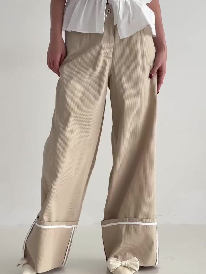 Pantalon Kaki Taille Haute à Jambes Larges
