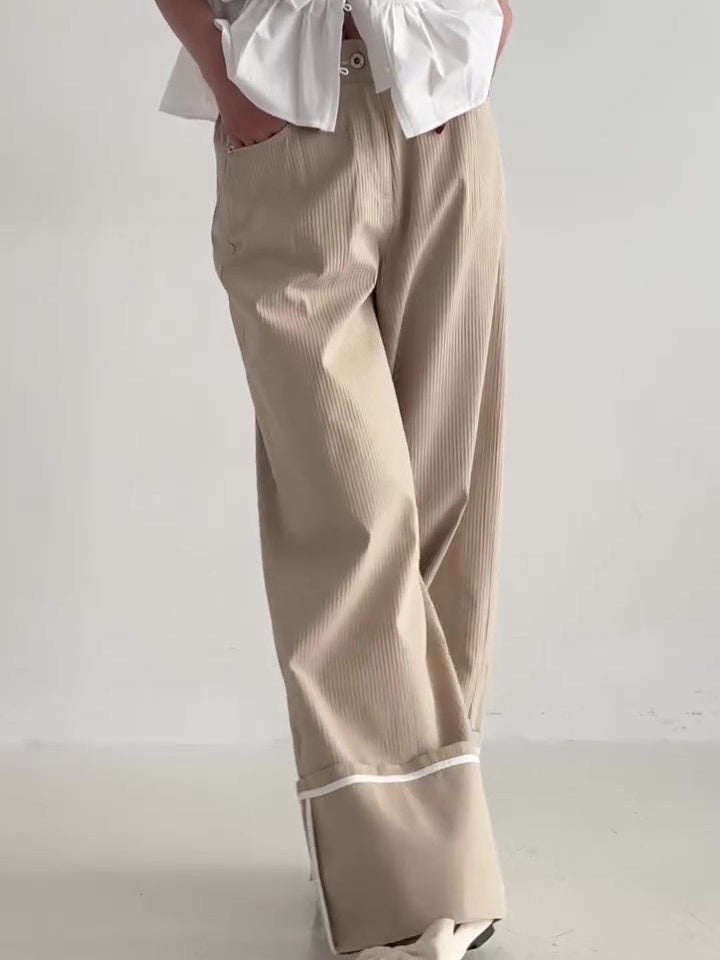 Pantalon Kaki Taille Haute à Jambes Larges